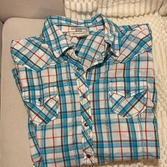 Ariat Large Blue Plaid Pearl Snap Western Shirt - Picture 2 of 6